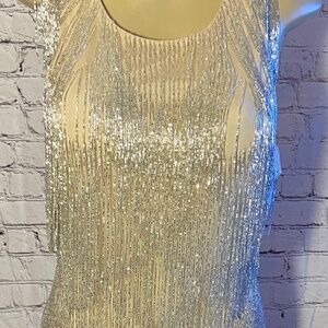 NWT Aidan Mattox Seed Bead Gold/Silver Fringe Dress, SZ 6, Fearless Era Inspired
